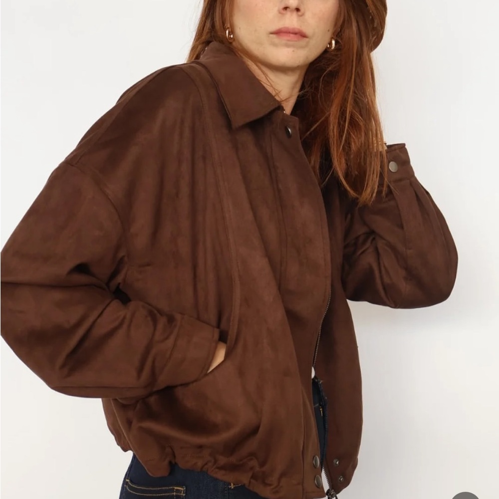 Reign Chocolate Brown Faux Suede Bomber Jacket